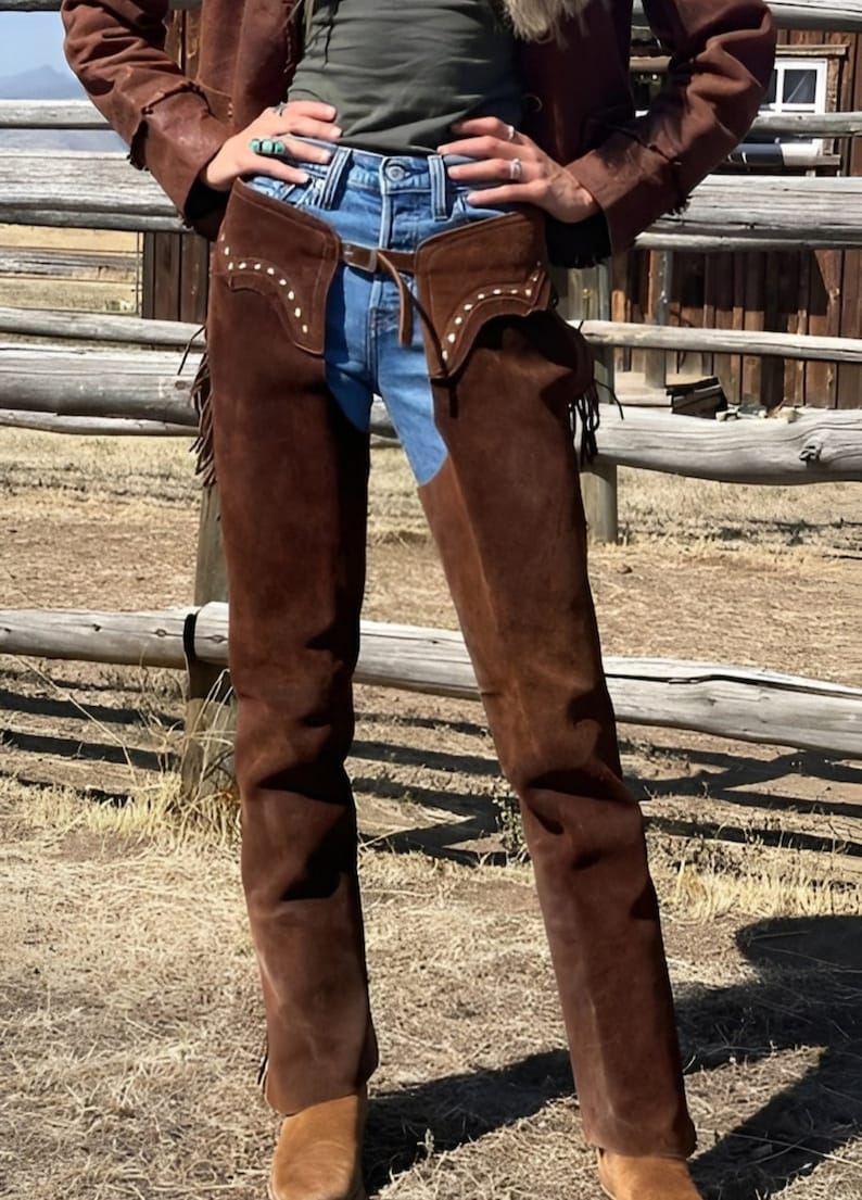 Handmade Cowgirl Chap Buckskin Suede Brown Leather Pant Rodeo Etsy