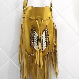 Franjas de couro cruz corpo saco artesanal cowgirl couro amarelo senhoras bolsa de couro ocidental, boho franjas bolsas presentes para ela