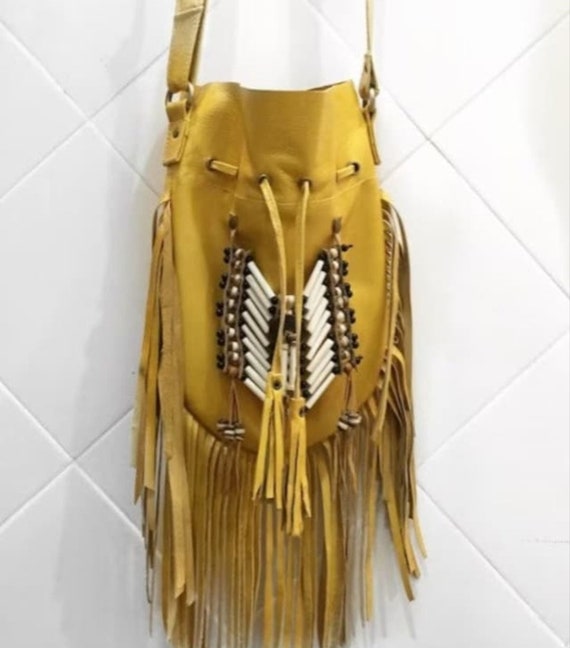 Leather Fringes Cross Body Bag Handmade Cowgirl Yellow  display picture 2