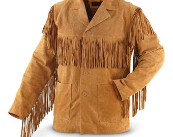 May include: A tan suede jacket with fringe detailing across the chest, shoulders, and sleeves. The jacket has a button-up front, two front pockets, and a notched collar. The jacket is a medium brown color.