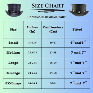 May include: Size chart for handmade top hats, with measurements in inches and centimeters. Sizes range from Small (21-22.5 inches, 56-57 cm) to 2X-Large (24-24.5 inches, 60-61 cm). Fitted sizes are also provided.