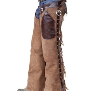 Chaparrera de cuero, flecos de ante marrón, estilo trenzado, vaquero occidental, equitación, regalos para hombres, regalos para vaquero