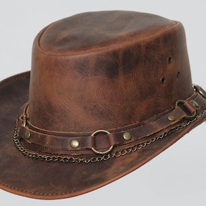 Handmade Leather Cowboy Hat Australian Stylish Brown Cowboy Hat Real Cowhide Leather Stylish Chain Band Western Leather Gifts For Him