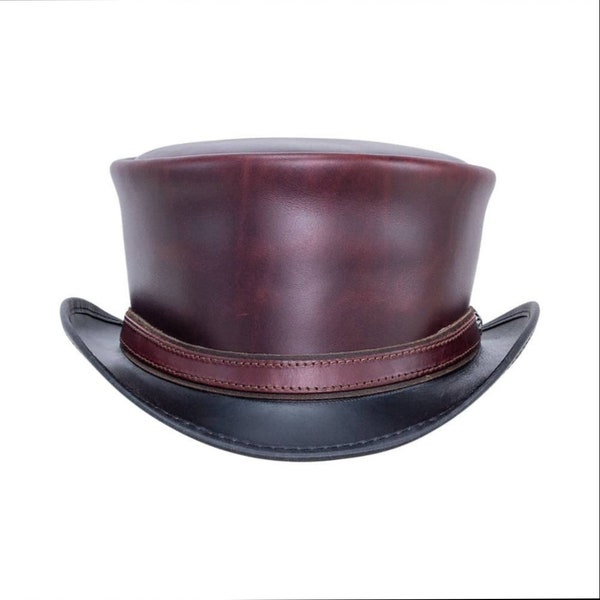 New Leather Top Hat Hampton Purple Color Leather Steampunk Classic Biker Motorcycle Rider Top Hat Gothic Hat , Cadeaux pour elle , Cadeaux pour lui