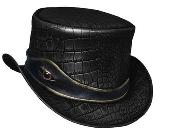 Sombrero de copa de cuero negro cocodrilo hecho a mano sombrero de copa en relieve banda de ojos Steampunk sombrero de copa / sombrero gótico regalos para hombres, regalos para él