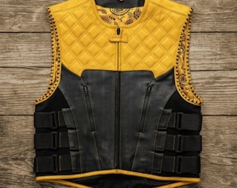 Gilet in pelle Hunt Club trapuntato a diamante nero e giallo in pelle paisley costruito in stile denim gilet in pelle da motociclista personalizzato gilet da uomo