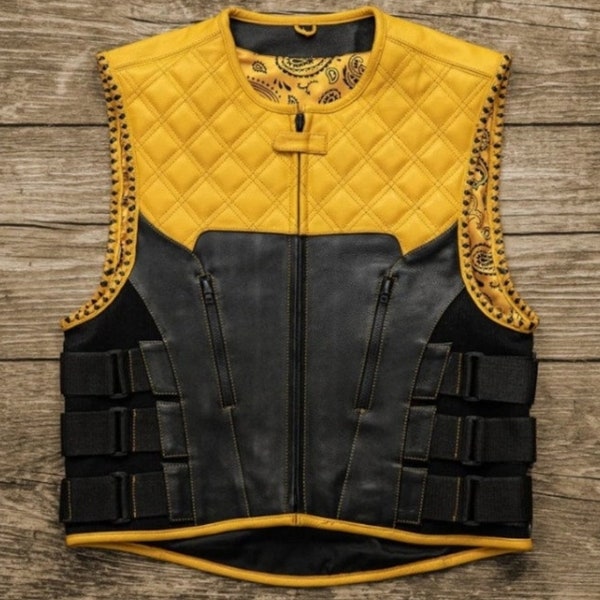 Leather Vest Hunt Club Diamond Quilted Black & Yellow Paisley Leather Build Denim Style Custom Motorcycle Rider Leather Vest Mens Vest