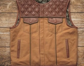 Leather Vest Hunt Club Style Brown Leather Denim Vest Builder Diamond Quilted Motorcycle Biker Vest Stinger Men Leather Vest Gifts For Him