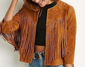 Chaqueta vaquera de ante con flecos hecha a mano, chaqueta de cuero con cuentas aztecas
