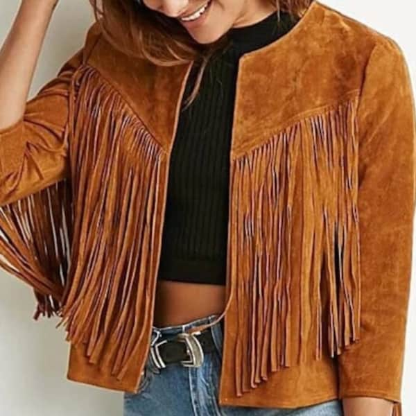 Handgemaakte Fringe Suède Damesjas, Fringe Western Vintage Jas Dames Leren Jas, Echt Suède Leer, Western Jas, Geschenken