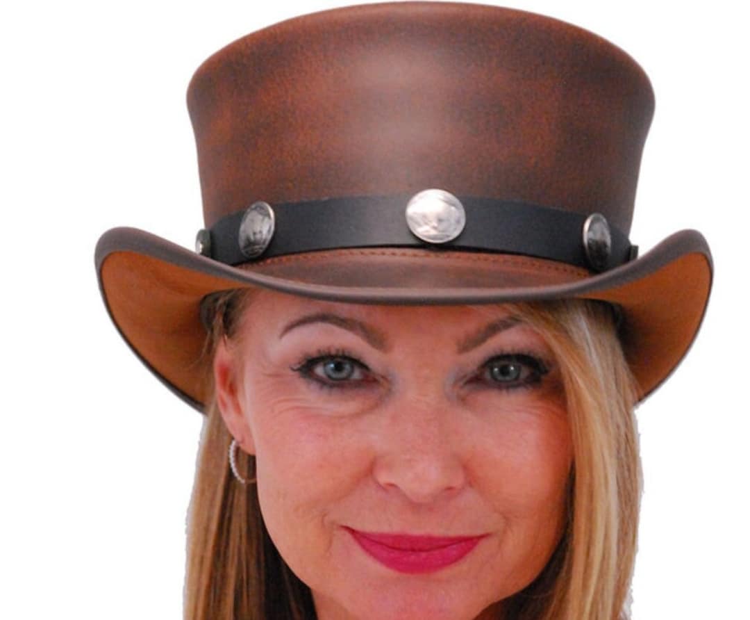 Brown Leather Top Hat Handcrafted Bull Style Band Gothic Hat