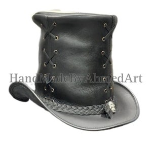 Black Leather Top Hat Handcrafted Skull Band Witch Style Top Hat Gothic Hat/ Steampunk Top Hat Gifts For Men Gifts For Him