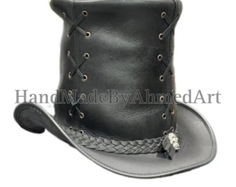 Handcrafted Black Leather Top Hat: Skull Band, Gothic Witch Style