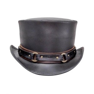 Hand Made Top Hat Steampunk SR2 Band Leather Top Hat Vintage Style Black Leather Biker Motorcycle Steampunk Hat Gothic Hat Halloween Hat