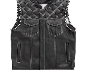 Leather Vest Hunt Club Style Leather Denim Vest Builder Diamond Quilted Custom Motorcycle Biker Vest Braided Style Leather Vest Rider Gifts