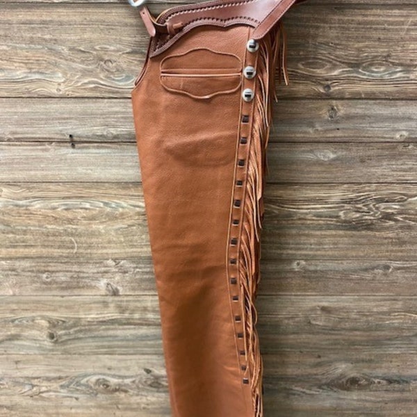 Handmade Cowboy Brown Leather Pant Rodeo Chap Western Cowboy Leather Chap , Horse Gifts For Men