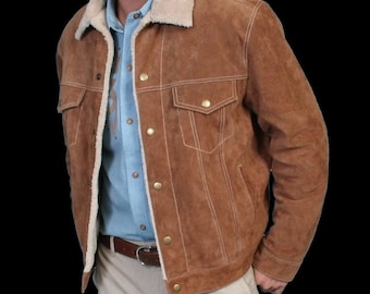 Men's Suede Western Jacket – Aztec Trim, Fur Collar, Handmade Stitching