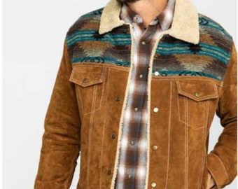 Traditional Men Western Jacket Men Western Fur Jean Jacket - Aztec Trim Suede Jacket - Brown Rode Countryside Fashion Jacket , Gifts For Him