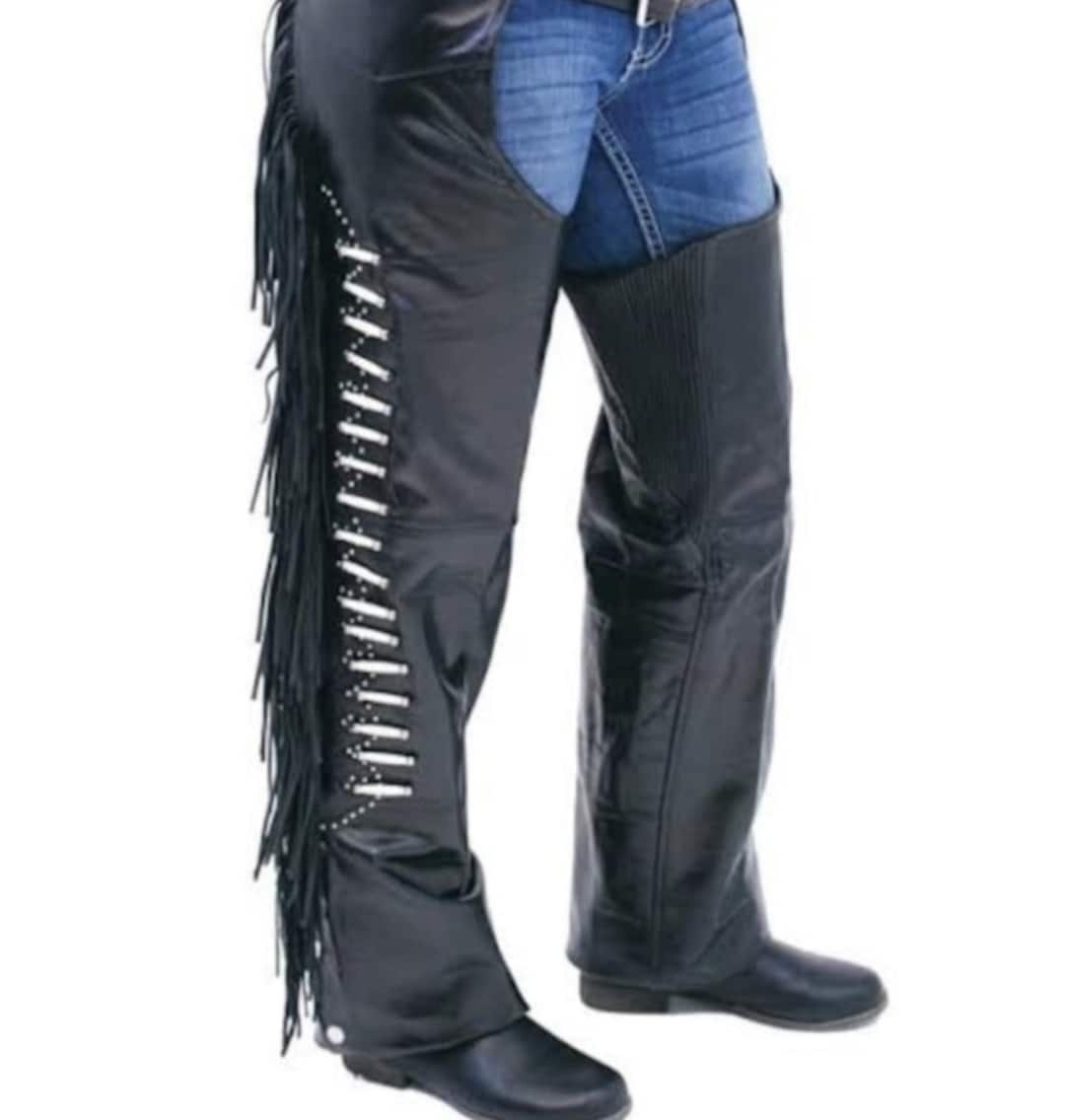Native American Cowhide Black Leather Pant Chap Handmade Western Cowboy