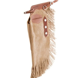 Handmade Cowboy Suede Leather Pant Rodeo Chap Mountain Men Western Light Beige Fringes Style chap , Horse Gifts For Men