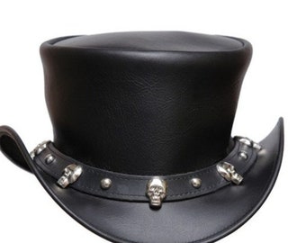 Schwarzes Leder Handgefertigter Zylinder Skull Style Band Gothic Hut / Steampunk Zylinder Hut Reiter Hut - Halloween Zylinder Geschenke für Ihn Geschenke für Männer