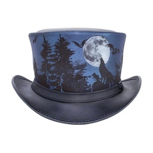 Steampunk Leather top Hat Howllin Wolf Eldorado Top Hat Full Moon Printed Halloween Top Hat Biker Rider Motorcyclists Leather Top Hat Gifts