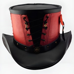 Handcrafted Black & Red Leather Top Hat Steampunk Top Hat Corset Style / Gothic Style Halloween Top Hat Gifts For Him , Gift For Men