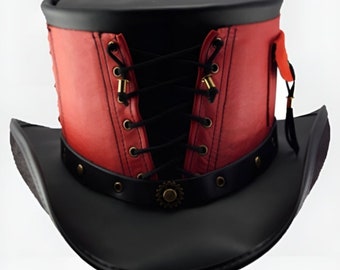 Handgemaakte zwart & rood lederen cilinderhoed Steampunk cilinderhoed korsetstijl / gotische stijl Halloween cilinderhoed cadeaus voor hem, cadeau voor mannen
