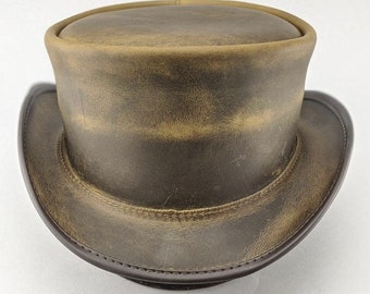 Handmade Top Hat Steampunk Leather Top Hat 100% Cowhide Leather Dickens Hat Biker Rid Marlow Top Hat Halloween Memorial Accessories Gifts