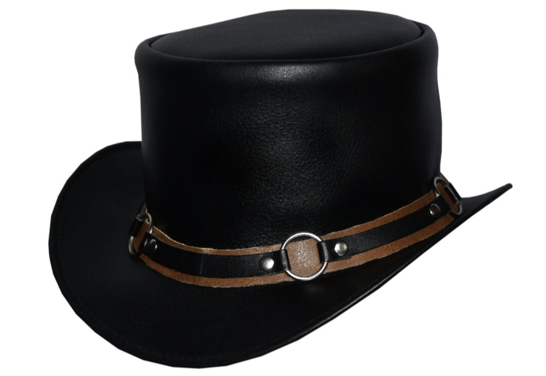 Handmade Top Hat Steampunk Brown Leather Top Hat Chain Style Dickens