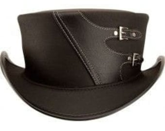 Sombrero de copa de cuero negro hecho a mano, con hebilla en la parte superior, estilo Steampunk Rider.