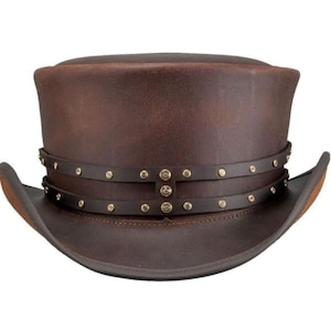 Brown Leather Top Hat Handcrafted Rivet Style Band Steampunk Top hat / Gothic Style Top Hat Victorian Hat Gifts For Men , Gifts For Him