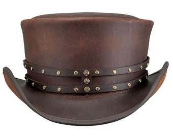 Brown Leather Top Hat Handcrafted Rivet Style Band Steampunk Top hat / Gothic Style Top Hat Victorian Hat Gifts For Men , Gifts For Him