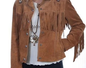 Fringe Suede Western Jacket, Aztec Beaded Leather Jacket