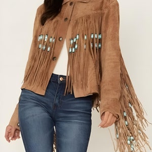 Fringe Suede Women&#39;s Jacket , Beaded Fringes Western Vintage Jacket Ladies Leather Jacket, Genuine Suede Leather, Western Jacket, Gifts