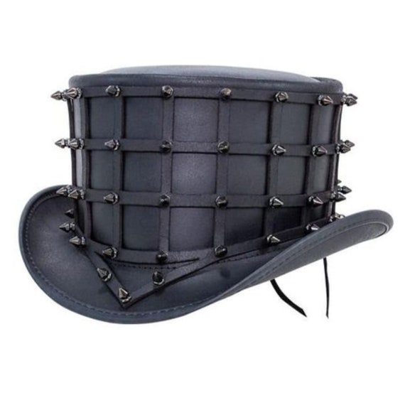 Spiked Leather Top Hat, Cage Style Steampunk Gothic Hat