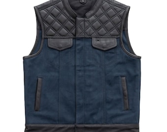 Leren denim motorvest heren, ruitvormig gewatteerd bikervest