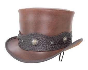 Sombrero de copa artesanal de cuero marrón – Estilo gótico steampunk de jinete de toros