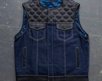 Mens Hunt Club Custom Leather Denim Builder Diamond Quilted Motorcycle Biker Vest