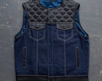 Mens Hunt Club aangepaste lederen denim bouwer diamant gewatteerde motorfiets biker vest