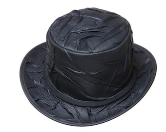 Top Hat Handmade - Crinkle Leather Vintage Style Steampunk Hat Gothic Hat Black Leather Hat  Memorial Accessories - Top Hat , Gifts For Her