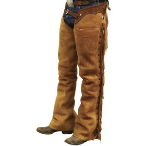 Cuero Chap Dorado Marrón Ante Flecos Estilo Trenzado Chap Western Cowboy Chap Equitación Chap Rodeo Chap Regalos para Hombres, Regalos para Vaquero