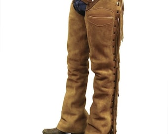 Leather Chap Golden Brown Suede Fringes Style Braided Chap Western Cowboy Chap Horse Riding Chap Rodeo Chap Gifts For Men , Gifts For Cowboy