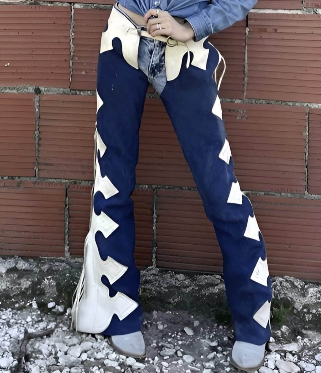 Handmade Cowgirl Chap Buck Skin Suede Blue Leather Pant Rodeo Chap