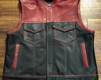 Maroon & Black Leather Biker Vest, Perforated Motorcycle Vest
