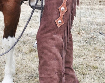 Handmade Cowboy Buck Skin Suede Leather Pant Rodeo Chap Mountain Men Western Redish Suede Chap , Horse Gifts for Men