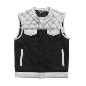 Men&#39;s Hunt Club Vest Builder Diamond Quilted White Leather Black Denim Custom Motorcycle Biker Vest Stinger&#39;s Men Leather Vest Riders Gift
