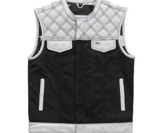 Diamond-gewatteerd leren herenvest, zwart denim motorclubvest