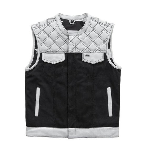 Men's Hunt Club Vest Builder Diamond Quilted White Leather Black Denim Custom Motorcycle Biker Vest Stinger's Men Leather Vest Riders Gift