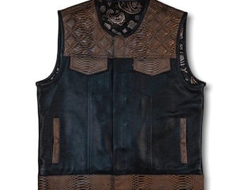 Diamant gewatteerd leren bikervest, gewaxte bruine denimstijl